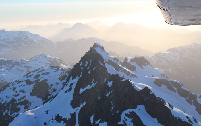 Snow capped mountain views from an airplane on the Tofino Air Sand to Summit Tour